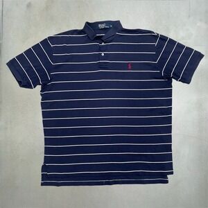 VTG Polo Ralph Lauren Polo Shirt Mens XL Navy Striped Preppy Short Sleeve Cotton